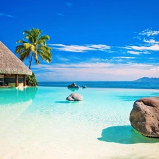 Cottage, Stones, Palm, sea