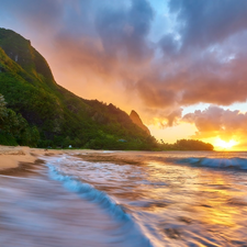 Palms, sea, Sunrise, Beaches, Aloha State Hawaje, The Hills, clouds