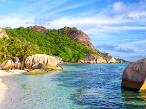 Palms, VEGETATION, Seychelles, sea, La Digue Island, boulders, rocks, clouds