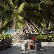 Palms, Hotel hall, rocks, Seychelles, Ocean, terrace