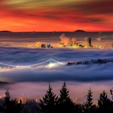 Fog, River, town, Vancouver, panorama, bridge