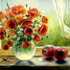 picture, Vase, papavers, apples