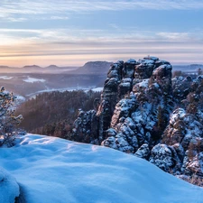 Saxon Switzerland National Park, Germany, Mountains, rocks, winter, snow, Fog, Sunrise, River Elbe