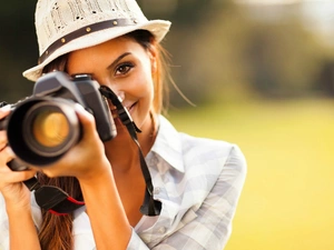 Camera, Park, girl, Hat, smiling