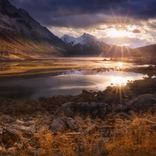 Mountains, Sunrise Canada, Jasper National Park, Medicine Lake, Canada