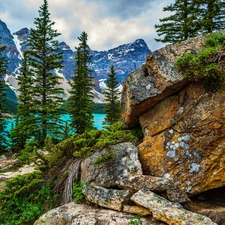 forest, Mountains, National Park Banf, Canada, lake, rocks