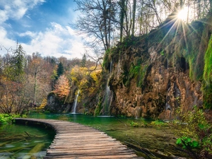 trees, waterfall, viewes, Platform, Plitvice Lakes National Park, Coartia, rays of the Sun, clouds, lake