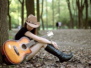 Women, Guitar, Leaf, Park