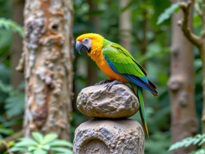 ara, green-yellow, Stones, forest, Two cars, parrot