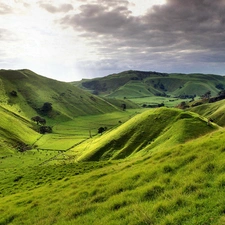 pasture, Mountains, field, grass, clouds