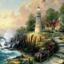 Path, Thomas Kinkade, sea, Lighthouses, Coast