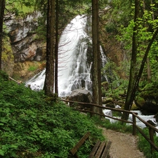 Path, forest, waterfall