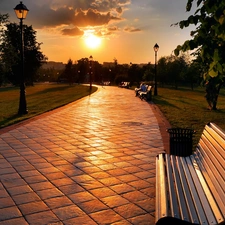 west, bench, Pavement, sun