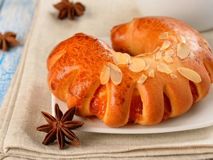 muffin, stuffing, almonds, peach