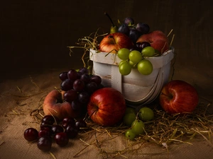 apples, peaches, Fruits, Grapes, basket