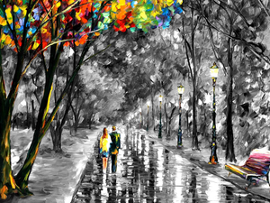 Park, Leonid Afremov, Bench, alley, painting, lanterns, People