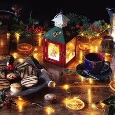 cookies, lantern, Coffee Percolator, lights, cup, mill