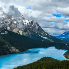 Mountains Canadian Rockies, Peyto Lake, clouds, forest, viewes, Banff National Park, Canada, trees