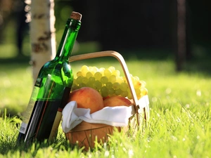 peaches, picnic, Wine, Grapes, basket