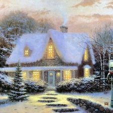 picture, winter, Cottage