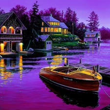 lake, Houses, picture, Motor boat