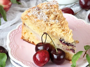 cake, plate, cherries, piece