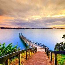 west, lake, pier, sun