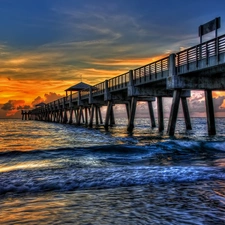 west, sea, pier, sun