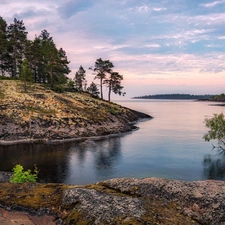 rocks, lake, viewes, pine, trees, scarp