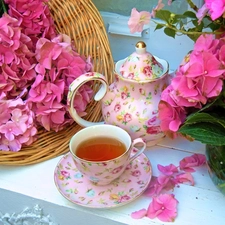 Pink, hydrangea, tea, jug, cup