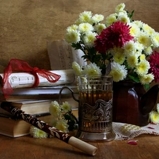 Books, bowl, pipe, Tunes, tea, Chrysanthemums