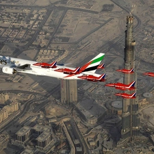 plane, passenger, scraper, clouds, Dubaj