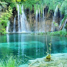 waterfall, water, Plants, Emerald