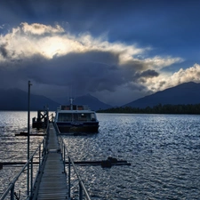 Platform, clouds, Mountains, Yacht, River