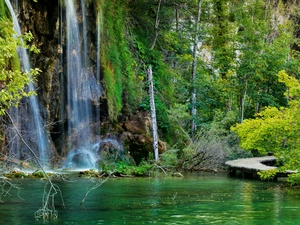lake, trees, waterfall, Plitvice Lakes National Park, Stones, forest, viewes, Coartia, Platform, rocks