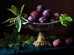 composition, plateau, Leaf, plums