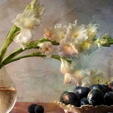 plums, bowl, gladioli