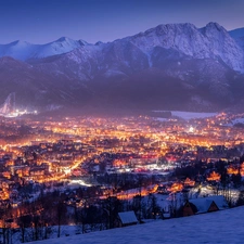 illuminated, winter, Zakopane, Poland, Town, Mountains