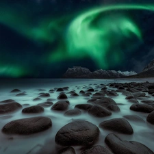 aurora polaris, Mountains, Stones, sea