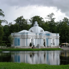 Pond - car, Park, Buldings, Restaurant, White