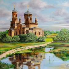Pond - car, reflection, Cerkiew, Tracks, Church