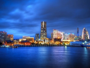 skyscraper, Night, Yokohama, port