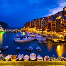 Porto, Town, Gulf, illuminated, Douro River, Portugal, Harbour, Yachts, Houses