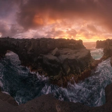 rocks, Coast, clouds, Great Sunsets, Azores, Portugal, Human, Atlantic Ocean, sea