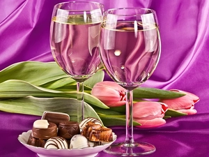 Wines, Two, Tulips, pralines, Pink, Lights