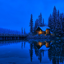 trees, forest, viewes, Floodlit, house, Province of British Columbia, Mountains, Yoho National Park, Canada, bridge, Emerald Lake, lake