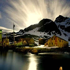 lakes, Mountains, Przebijające, ligh, Houses, winter, flash, luminosity, sun