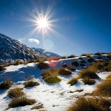Przebijające, ligh, New Zeland, sun, luminosity, Mountains, winter, flash