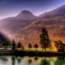 viewes, River, Przebijające, sun, Mountains, trees