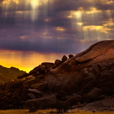 View, Przebijające, luminosity, ligh, flash, clouds, rocks, sun